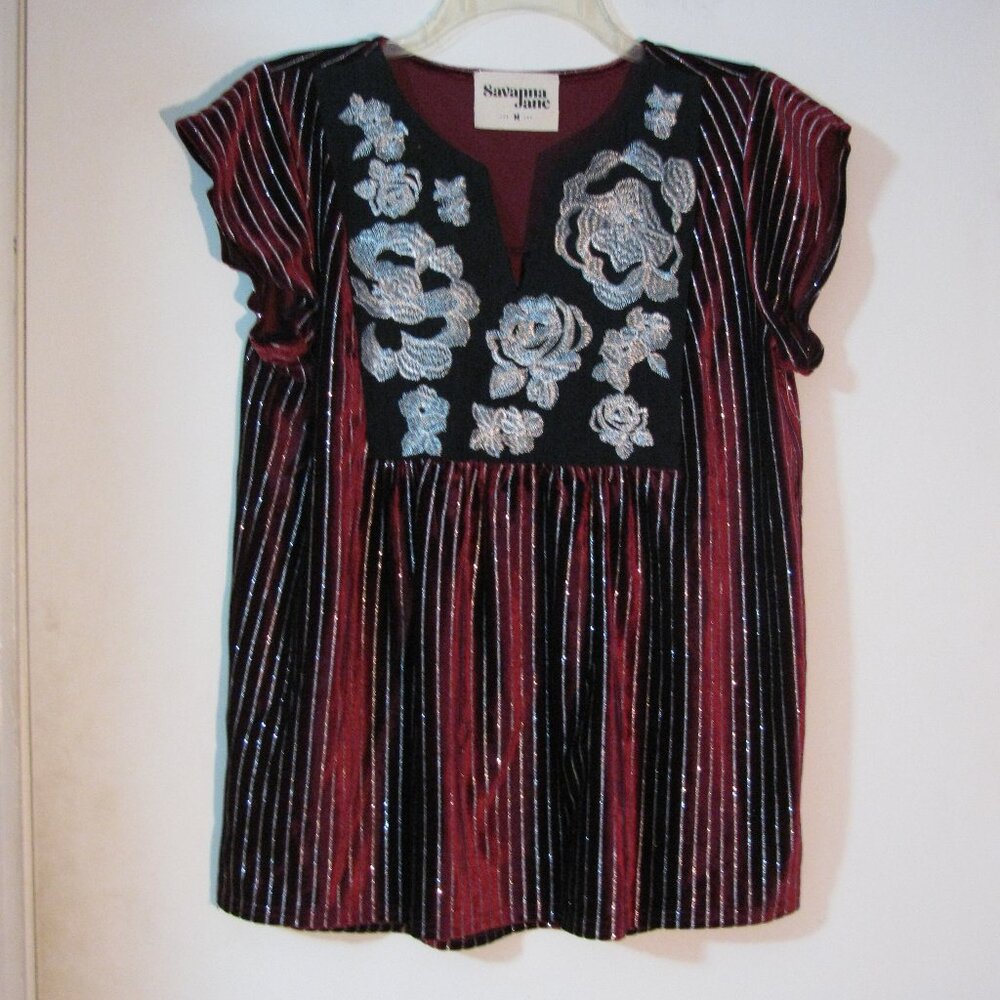 Savanna Jane Red Velvet Top Medium NWOT Silver Metallic Threads Embroidery Nice